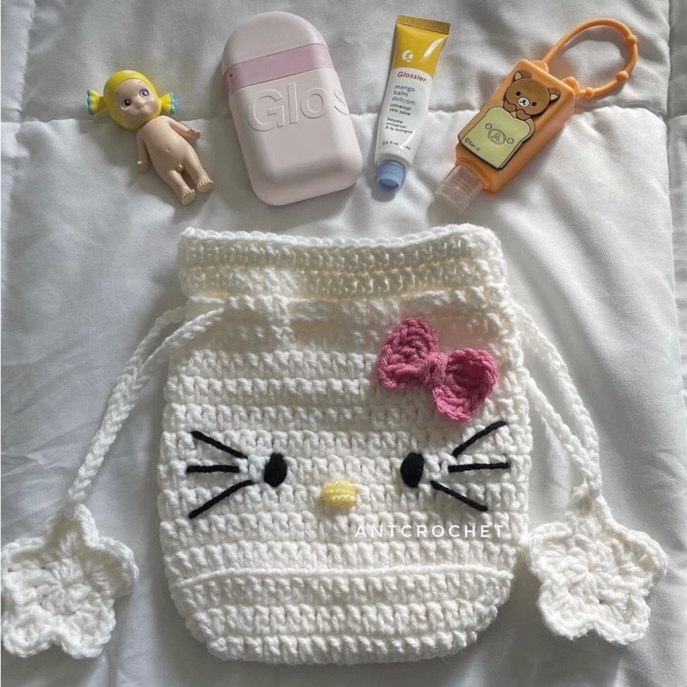 White and Black Crochet Bag with Whiskers and Pink Bow